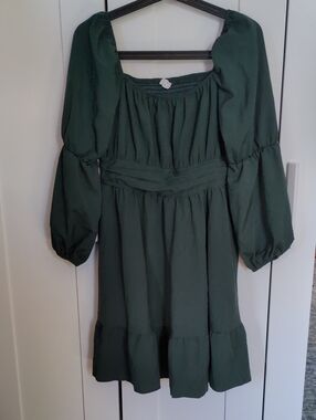 Exlura Dark Green Puff Sleeve Smocked Waist Mini Dress